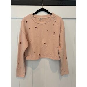 ALO‎ Yoga Distressed Sweatshirt Peach Pink Cropped Pullover Top Athleisure